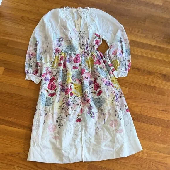 Anthropologie Let Me Be Long-Sleeve V-Neck Floral A-Line Midi Dress
